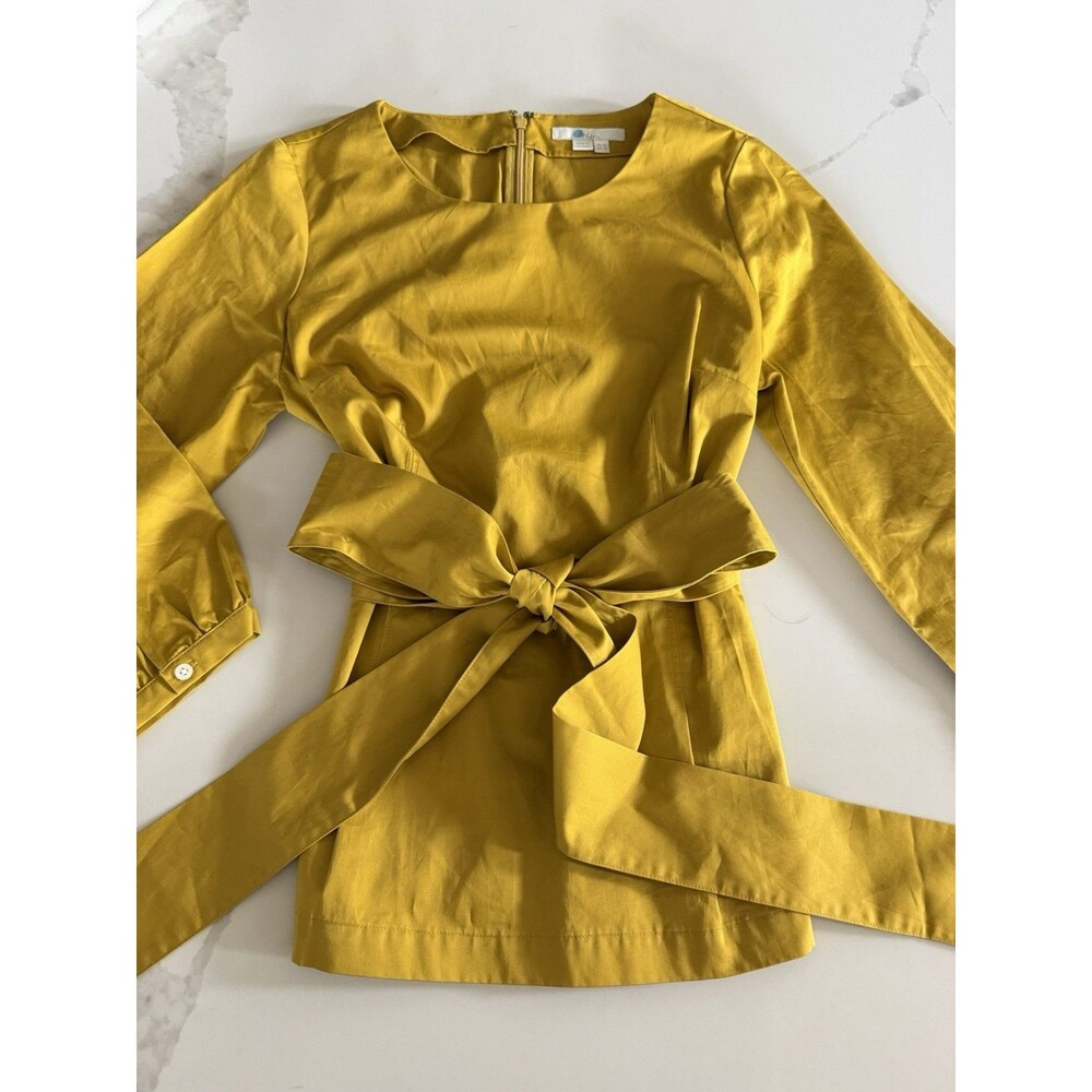 Boden Evie Mustard Yellow Cotton Tie Waist Peplum Top W0271 US 8